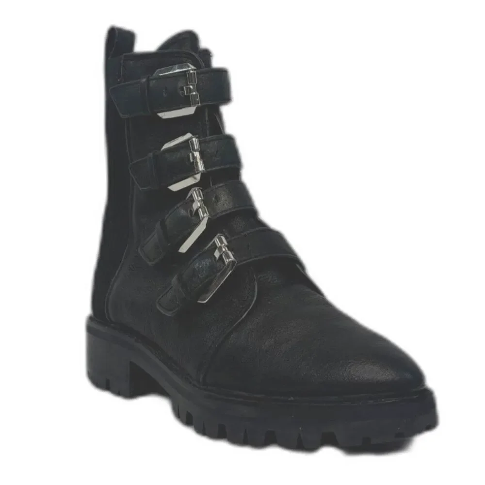 Dolce Vita Womens Combat Buckle Boots Gaven‎ Lug Black Leather Round Toe Size 8